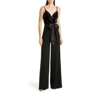 Ramy Brook Paige Floral Velvet Jumpsuit Satin Bow Women's 4 Black Sleeveless NWT